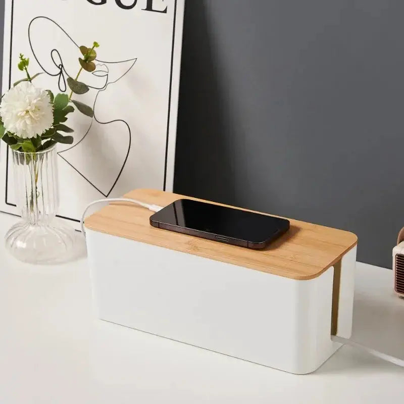 Creative Cable Management Box with Bamboo Wood Cover Plug Board Storage Box Power Cord Charger Storage Wire Storage HomeAstuce