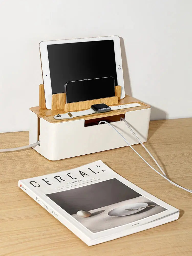 Boîte Organisateur de Câbles avec Support pour Téléphone et Tablette – Cache Multiprise Design HomeAstuce