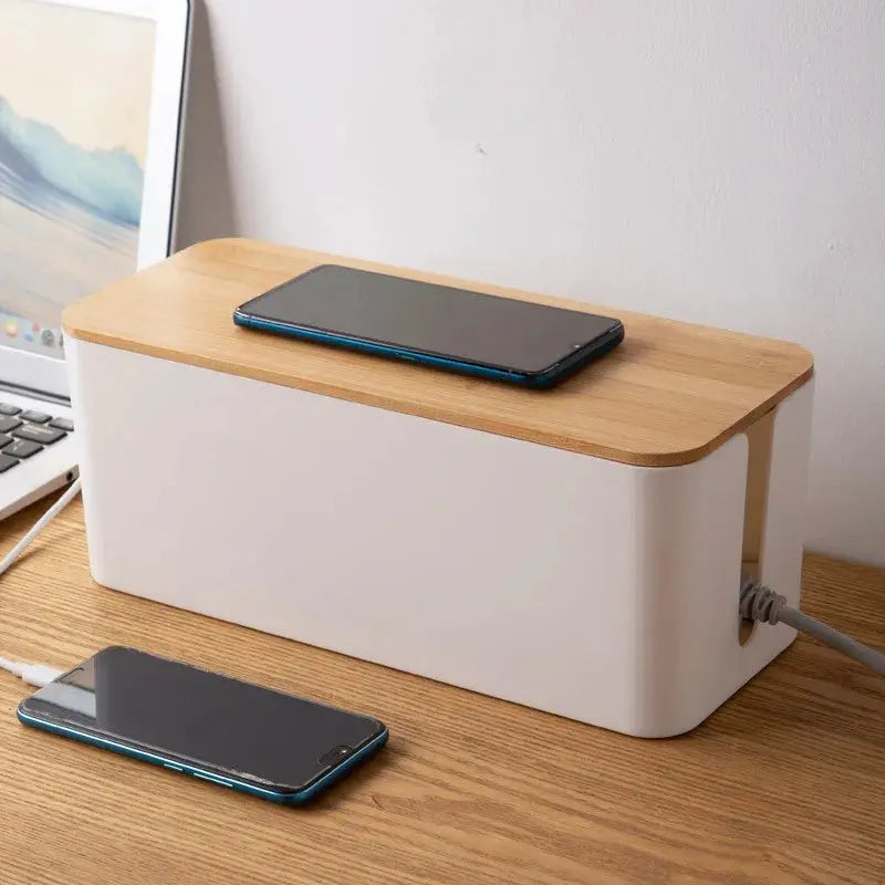 Creative Cable Management Box with Bamboo Wood Cover Plug Board Storage Box Power Cord Charger Storage Wire Storage HomeAstuce