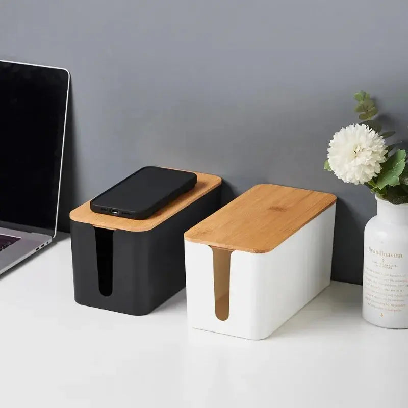 Creative Cable Management Box with Bamboo Wood Cover Plug Board Storage Box Power Cord Charger Storage Wire Storage HomeAstuce