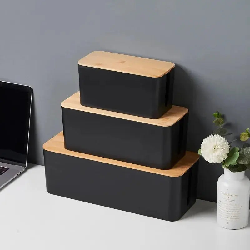 Creative Cable Management Box with Bamboo Wood Cover Plug Board Storage Box Power Cord Charger Storage Wire Storage HomeAstuce