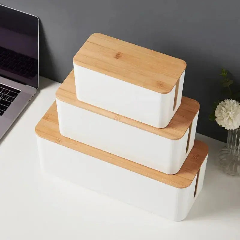 Creative Cable Management Box with Bamboo Wood Cover Plug Board Storage Box Power Cord Charger Storage Wire Storage HomeAstuce